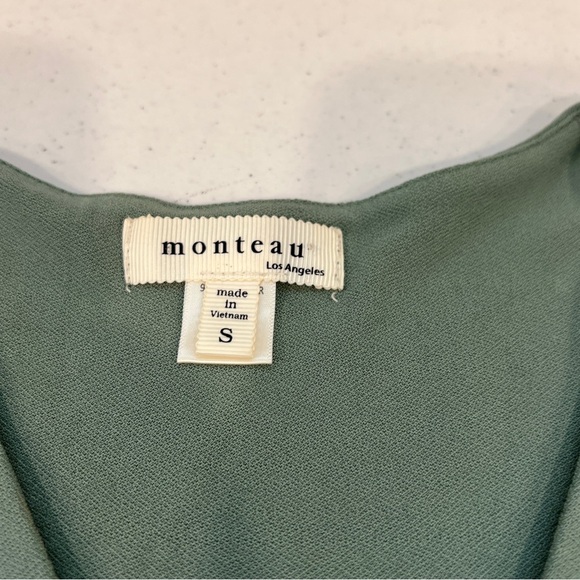 Monteau sage green ruffle cap sleeve midi dress small buttons tie waist small - Picture 3 of 8